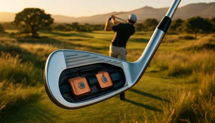 Golfer mid-swing on scenic South African course with close-up of weighted clubhead in golden light
