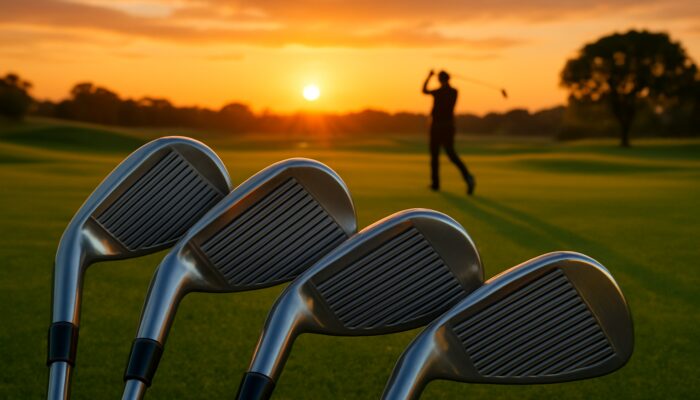 Close-up of forged golf irons gleaming on emerald South African greens at sunset with golfer.