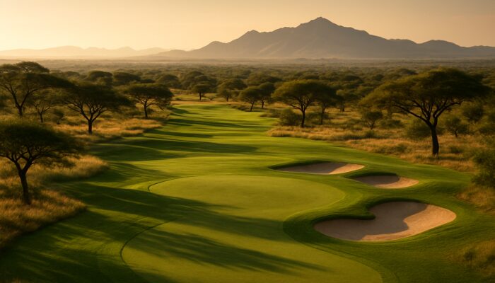 Mogol Golf Club fairways winding through serene South African savanna with acacia trees and mountains.