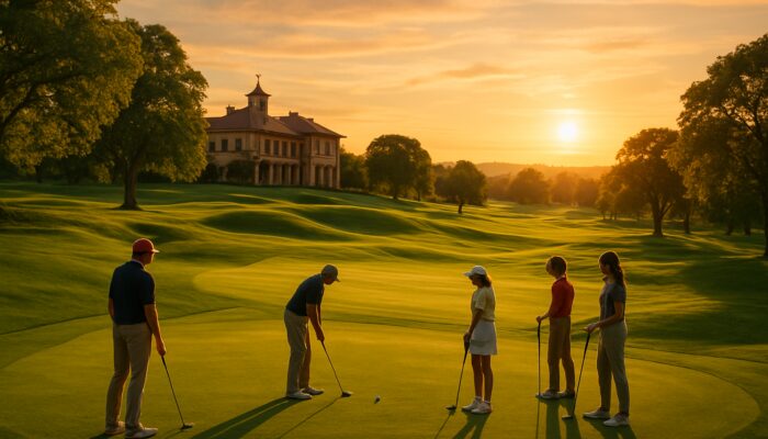 Diverse golfers on lush fairways at Mogol Golf Club with historic clubhouse at sunset
