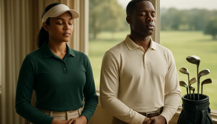 South African golfers practicing focused breathing in elegant clubhouse overlooking lush fairways