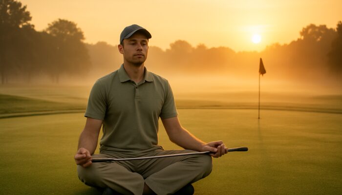 Golfer meditating at dawn on misty green for mindfulness and concentration