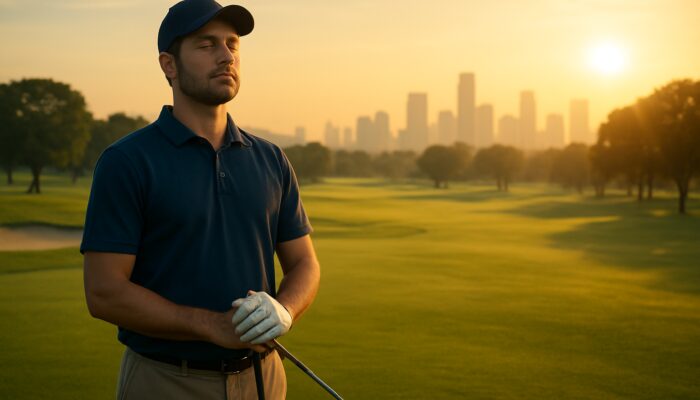 Mindful golfer breathing eyes closed on lush green course at golden dawn with skyline