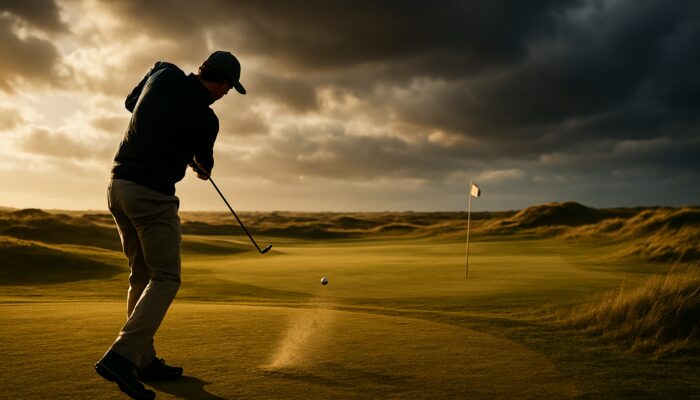 Golfer swinging wedge on windswept South African course with golden light and dramatic skies