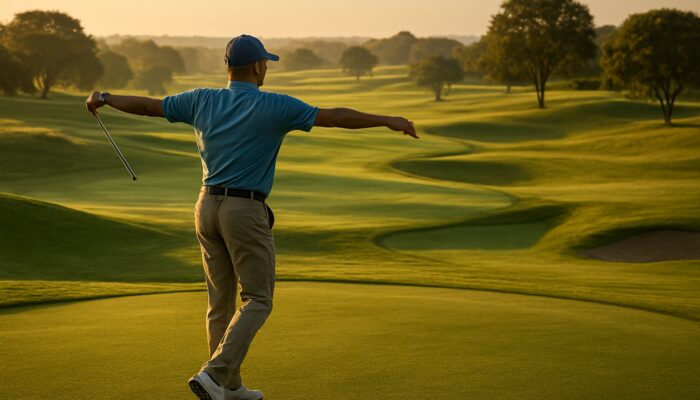 Golfer doing arm circles and torso twists on rolling Highveld fairways in early morning light