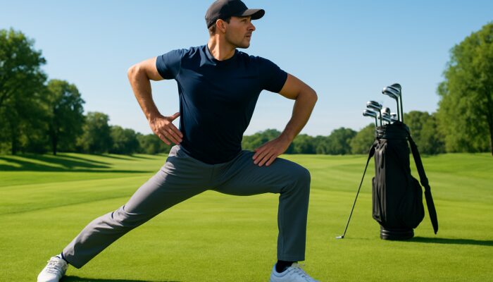 Athletic golfer doing deep torso twist stretch on sunny green golf fairway with clubs nearby