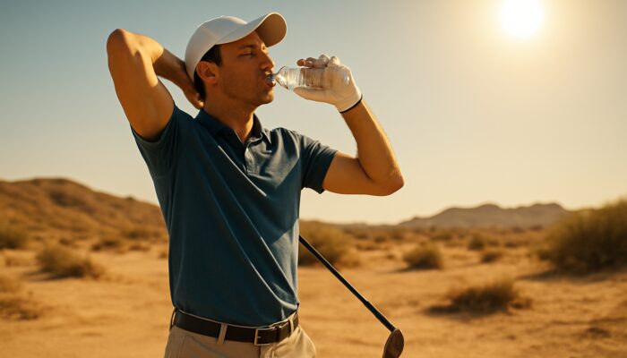 Golfer sips water while strolling in sun-scorched arid landscape during stretching recovery