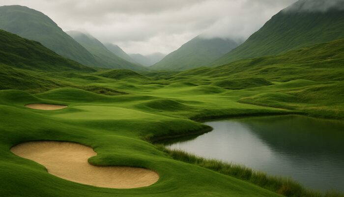 Scottish golf course in rolling emerald hills with sand bunkers, water hazards and misty highland vistas.