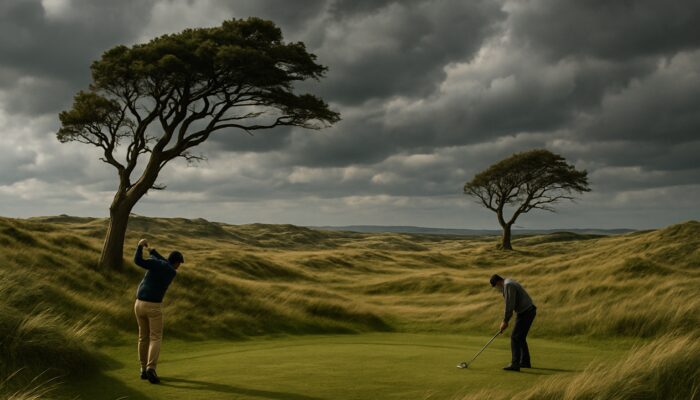 Golfers adjusting swings on wind-swept Scottish links course with ancient trees and rolling dunes.