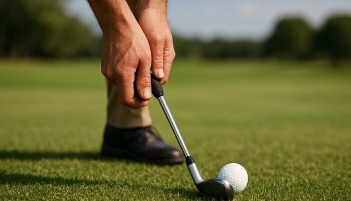 Improve Golf Shot Consistency: Golfer's hands forming neutral grip on firm Highveld turf in Johannesburg, ball ready for approach shot.
