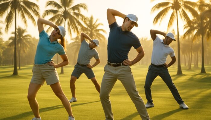 Golfers stretching with torso twists on sunlit Durban fairways amid palm trees.