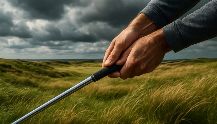 Golfer's hands adjusting grip on club amid windy South African fairways with kikuyu and fescue grass.