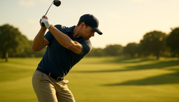 Elite golfer mid-swing showcasing advanced mechanics, precision, and power on sunlit fairway.