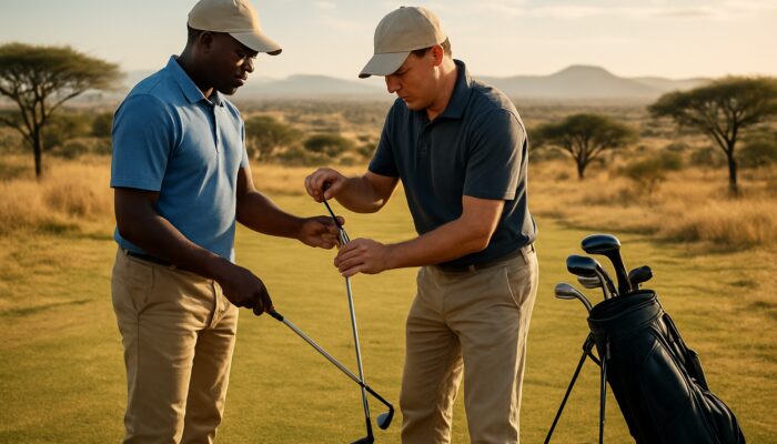 South African golfer receiving personalized club fitting on windy savanna course with local expert