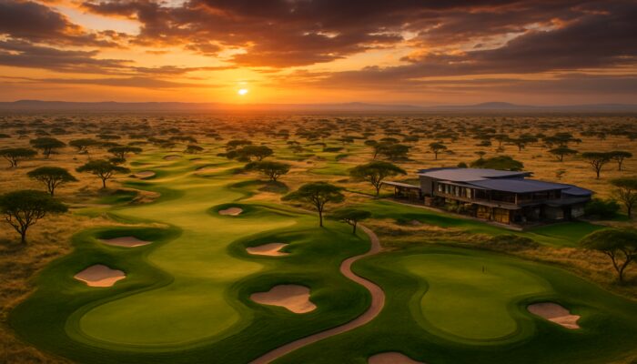 Aerial view of upgraded Serengeti Jack Nicklaus golf course winding through African savanna at sunset.