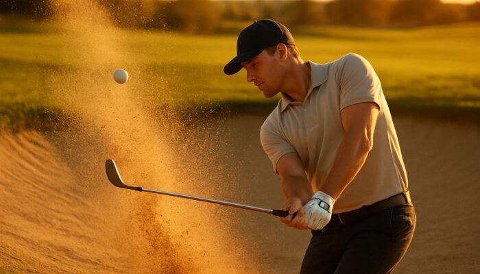 Golfer swings sand wedge from deep bunker, ball soaring out with spraying sand in sunlight