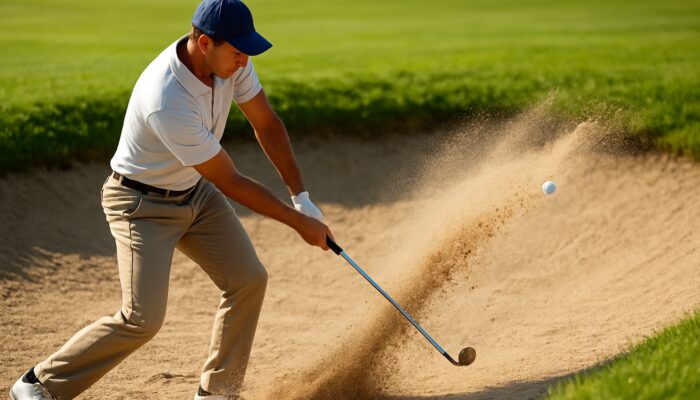 Golfer dynamically swinging club through sand bunker with forward weight shift under bright sunlight.