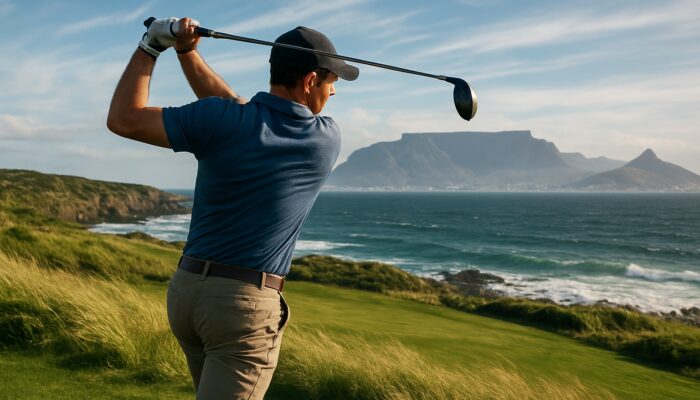 Golfer rotating torso mid-swing on windy Cape Town fairway with Table Mountain backdrop