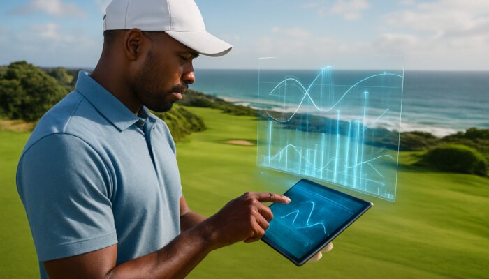 Durban golfer reviews holographic swing data on tablet over lush coastal course during tournament