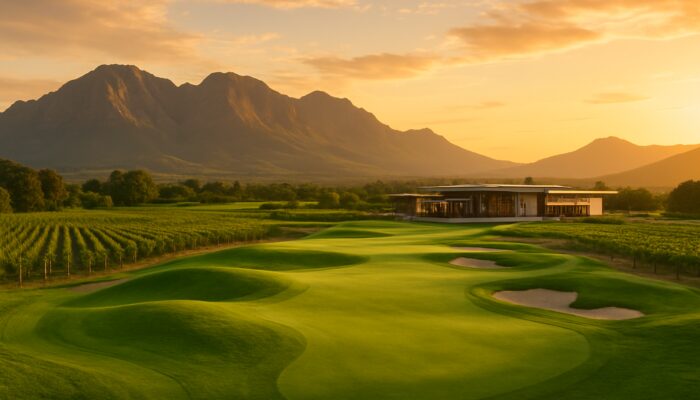 Stellenbosch Golf Club fairways curve through vineyards with mountains and modern clubhouse at sunset