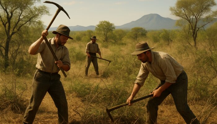 Early 1900s Mpumalanga gold miners clearing bushveld for first Barberton golf fairways under African sun.