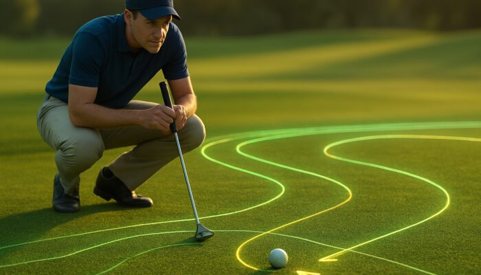 Focused golfer using app overlay with contour lines and break arrows for green reading on lush putting green