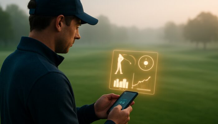Amateur golfer customizing golf app profile with swing analysis on misty dawn fairway