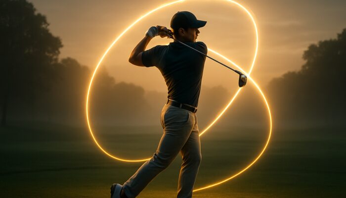 Pro golfer in perfect mid-swing form with glowing swing plane arcs on misty dawn course.