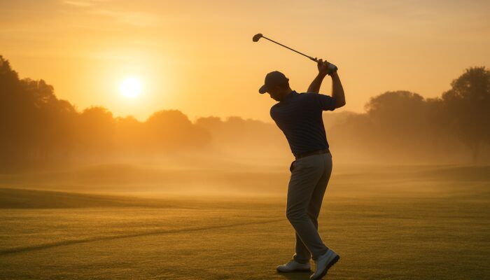 Focused golfer swings shorter clubs on misty dewy fairway at sunrise, Durban seaside course.