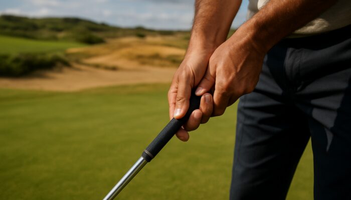 Close-up of golfer's hands gripping club on South African fairway with greens and sands