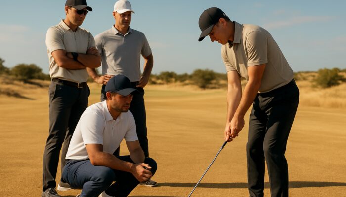 Professional golfers adjusting grips on dry fairways at Sunshine Tour with coaches observing