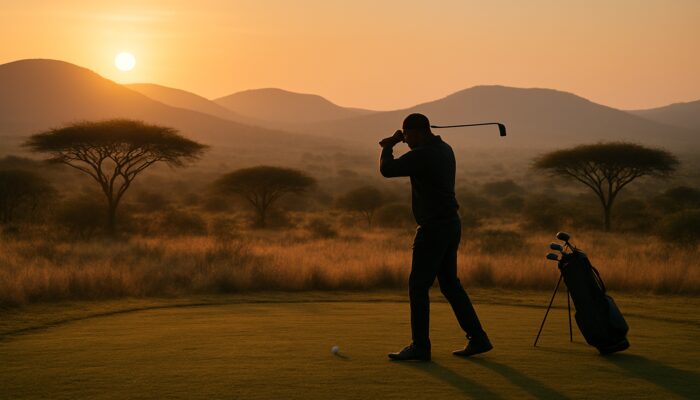 Solitary golfer practicing swings at dawn on secluded South African savanna range with acacia trees.