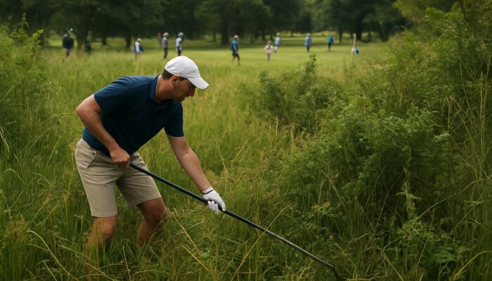 Golfer uses long-handled retriever to find lost ball in dense Johannesburg rough on crowded course