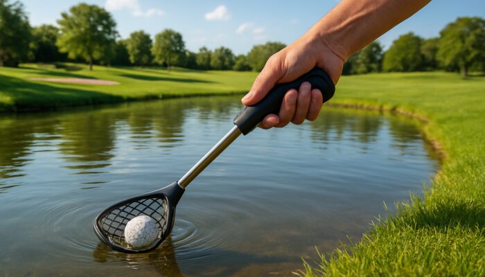 Golfer's hand gripping ergonomic ball retriever to retrieve ball from pond on sunny course