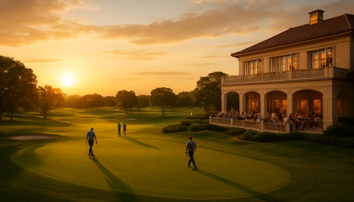 Greenways Golf Estate manicured course at sunset with residents at elegant clubhouse terrace