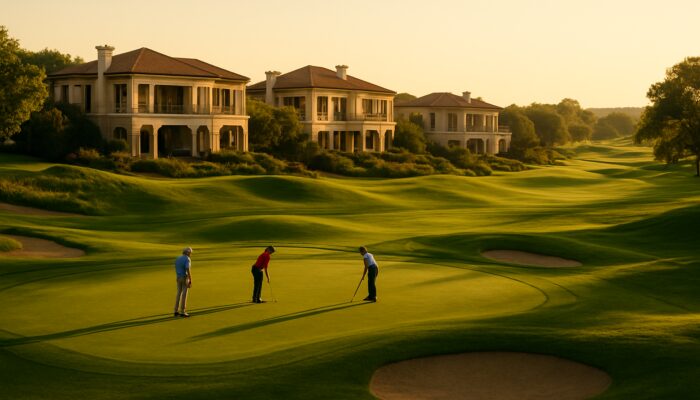 Luxury villas overlooking pristine golf course at Greenways Golf Estate at golden hour