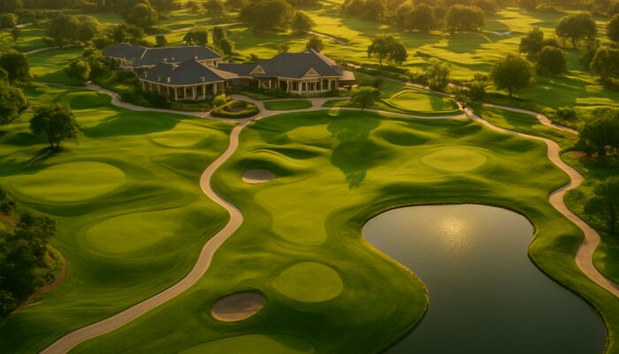 Aerial view of pristine Greenways Golf Estate with manicured fairways and elegant clubhouses in golden sunlight.