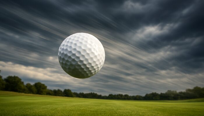 Low-spin golf ball flying straight through windy Johannesburg fairway in mid-flight.