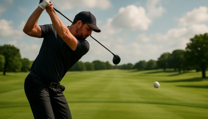 Golfer striking low-spin golf ball soaring straight over lush fairway for enhanced distance and control