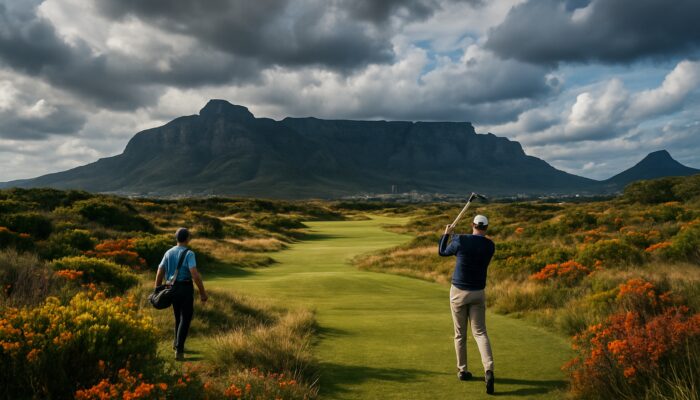 Golfers on windswept fynbos fairway at Table Mountain, Cape Town, under dramatic coastal skies.