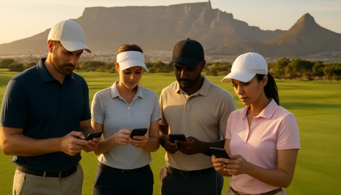 Golfers checking smartphones for pin positions on scenic Cape Town course with Table Mountain backdrop