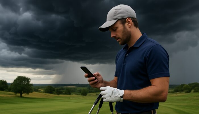 Golfer checks weather app on smartphone amid thunderstorm clouds on highveld golf course