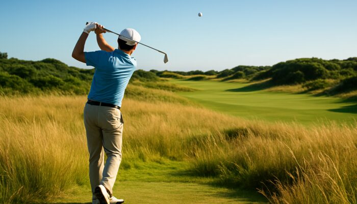 Golfer swings lob wedge sending ball high over dense grasses on sunny South African fairway