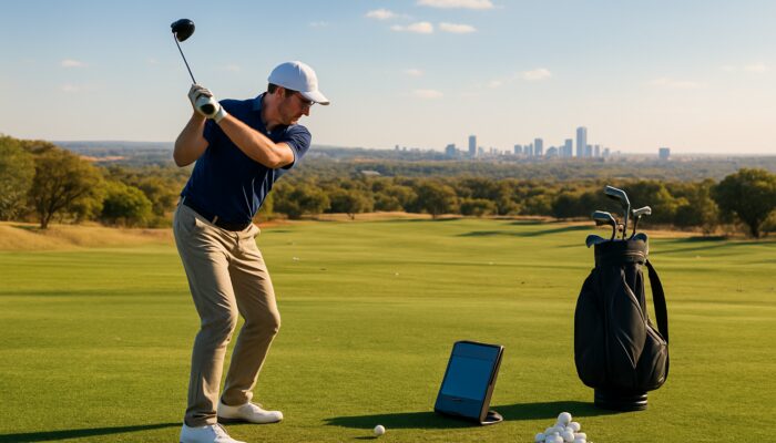 Professional golfer tracks ball flight with launch monitor on sunny Johannesburg driving range with skyline