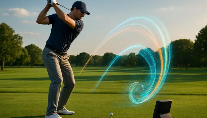 Focused golfer mid-swing with launch monitor displaying holographic ball flight and trajectory data
