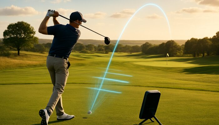 Focused golfer mid-swing on sunlit course with launch monitor hologram correcting slice.
