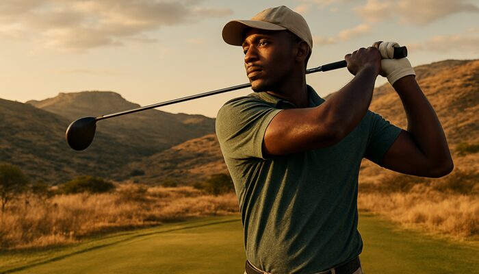 South African golfer showing firm relaxed grip on controlled backswing amid Johannesburg Highveld terrain in golden sunlight.