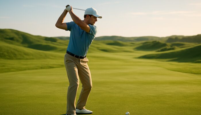 Golfer demonstrating perfect backswing form on sunlit fairway with green hills.