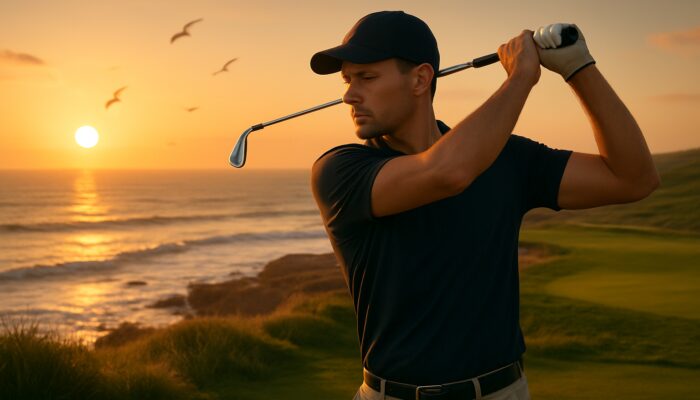 Focused golfer executes precise backswing on scenic coastal course at sunset with ocean waves.