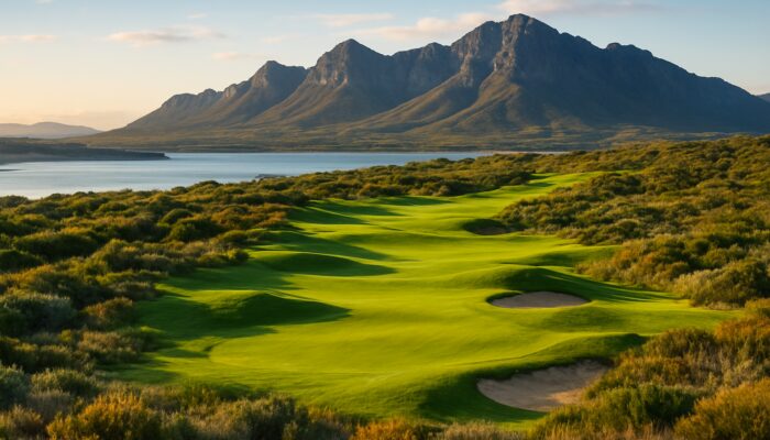 Arabella Golf Course fairways amid fynbos overlooking Bot River Lagoon and Kogelberg Mountains, South Africa